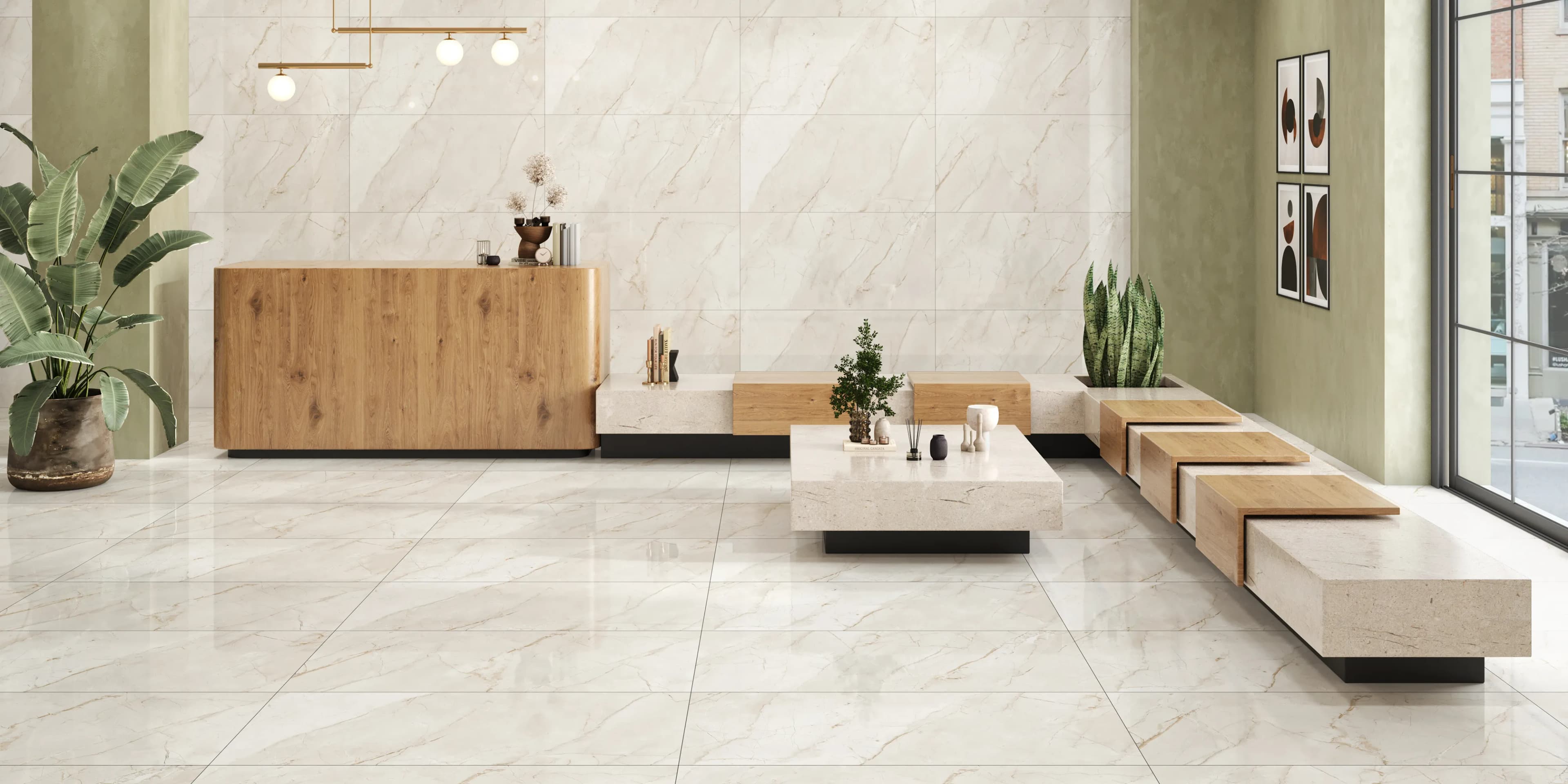 Architectural interior with expansive porcelain-style surfaces and refined natural light